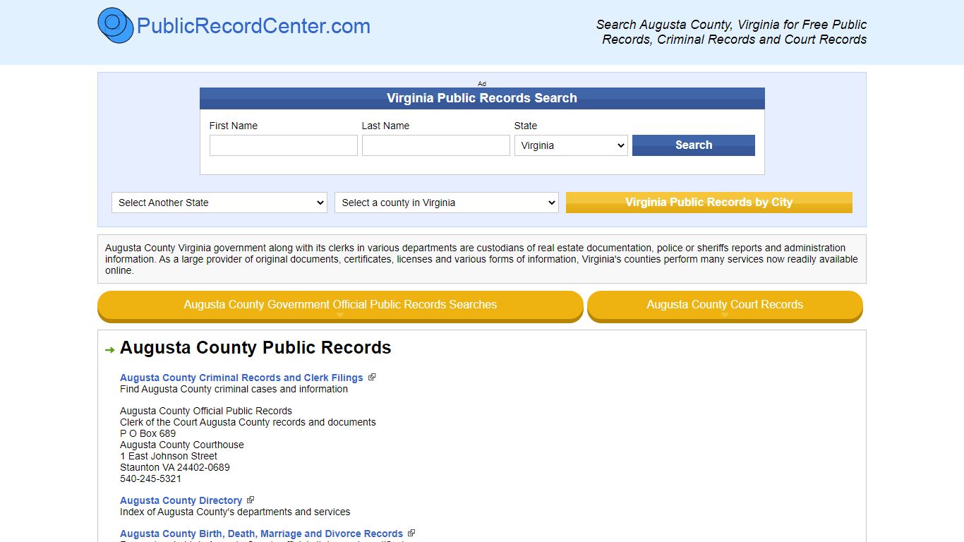 Augusta County Virginia Free Public Records - Court Records - Criminal ...